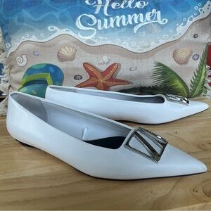 Zara Women's White Leather Pointed-Toe Ballerinas Flats with Metal Crest Shoes